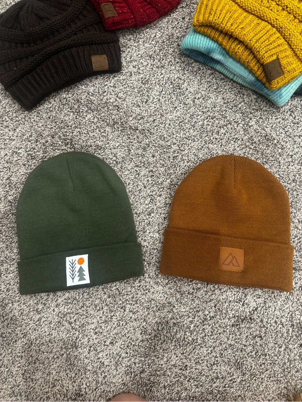 Women’s Olive Green & Brown Knit Beanie Duo - Outdoor Patch Accent